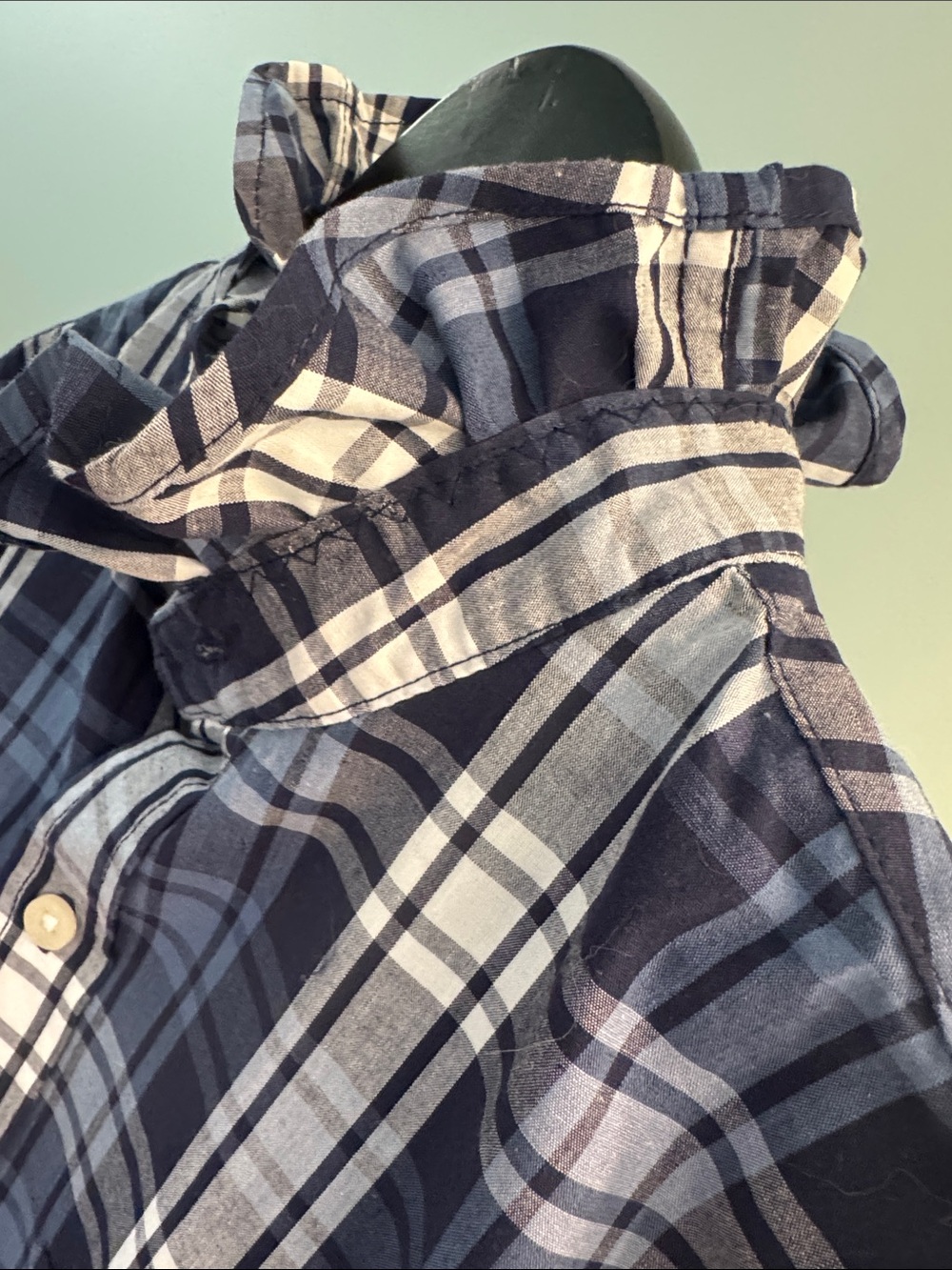 Reimagined Navy Plaid Button-Up Blouse with Ruffled Collar.NWT - Picture 3 of 10